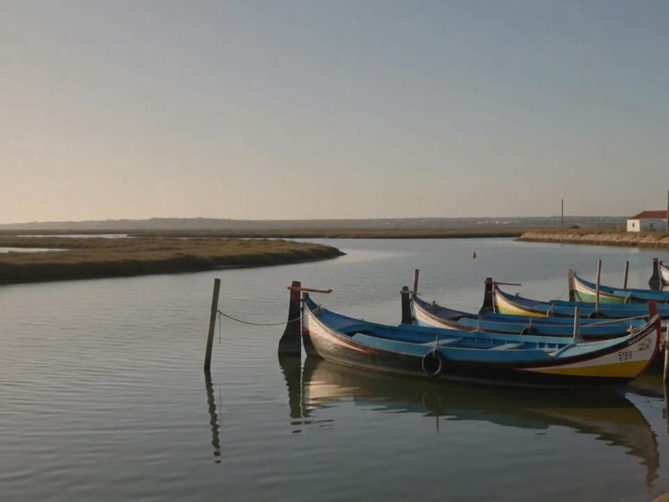 Barcos tradicionales amarrados en la Ria de Aveiro al final de la tarde, con el agua en calma