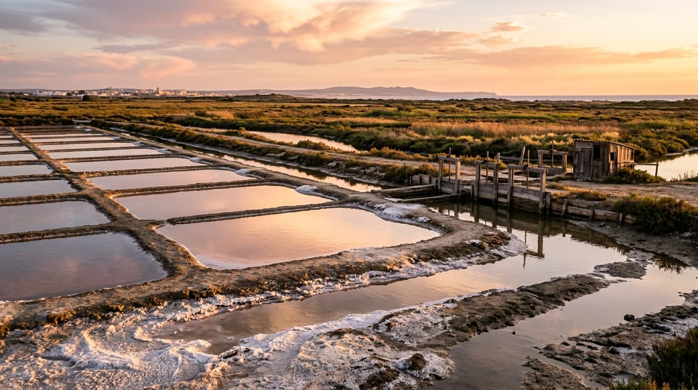 Estanques de las salinas de Chiclana de la Frontera al atardecer